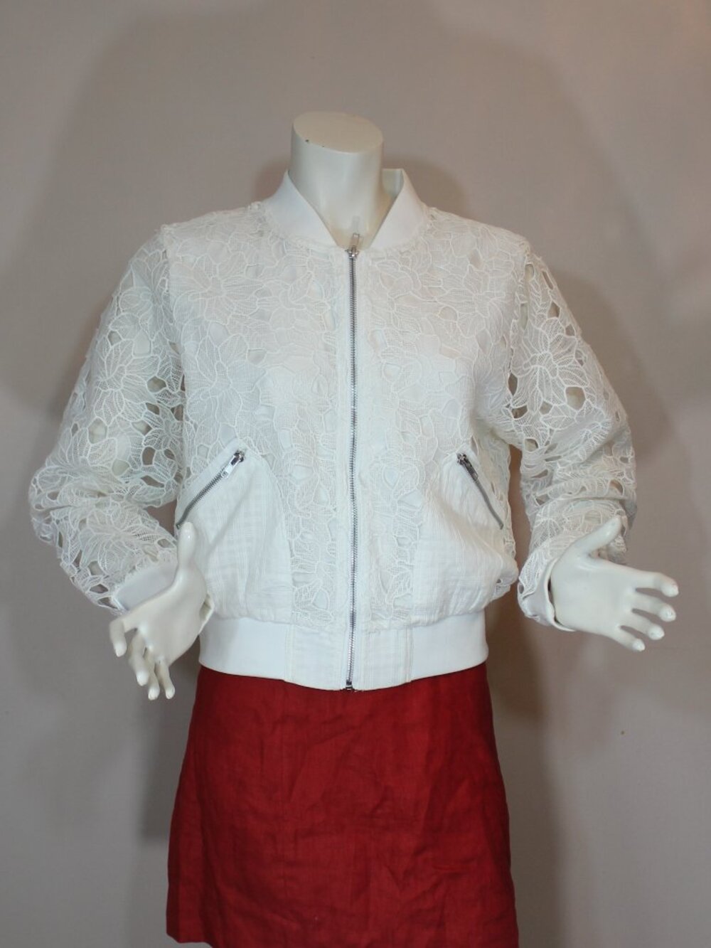 Jason Wu Lace Bomber zipped lined  Jacket white long sleeve size Medium